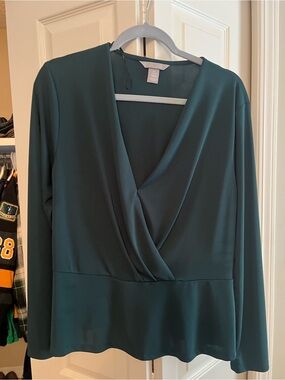 H&M Dark Teal Wrap-Front Long-Sleeve Blouse